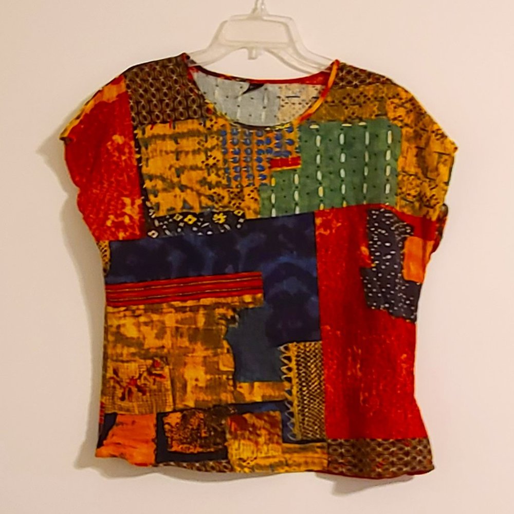 Emory Rose Patchwork Print Top Boho Cottage Colorful Womens Large